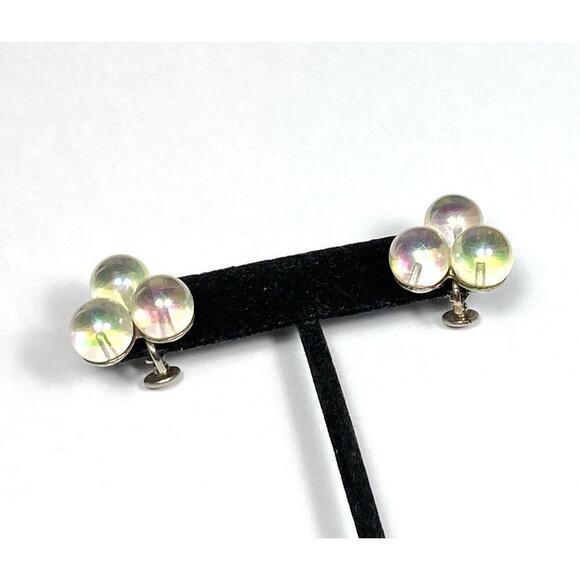 Screw Back Earrings Glass AB Beads Cluster Silver Tone Vintage Estate - Picture 13 of 14